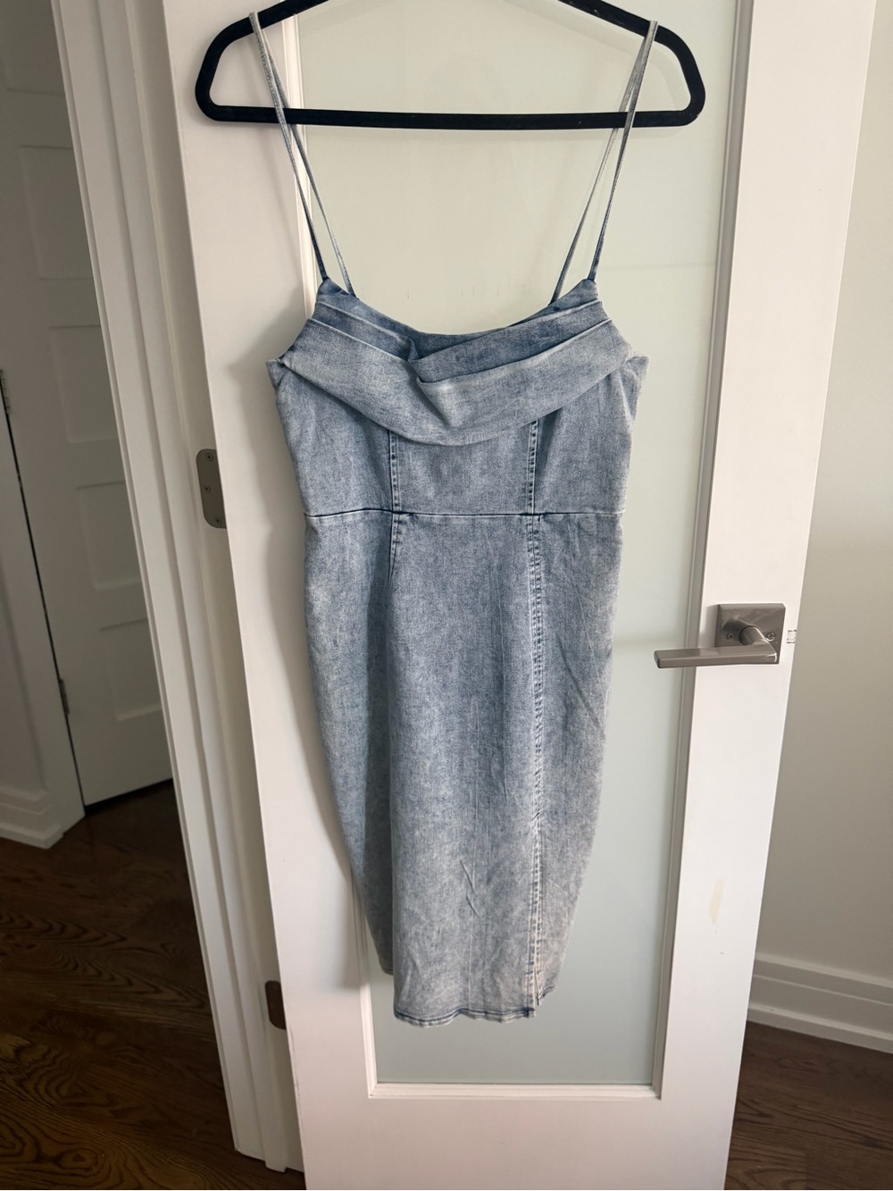 Light Blue Denim Midi Skirt with Folded Waist